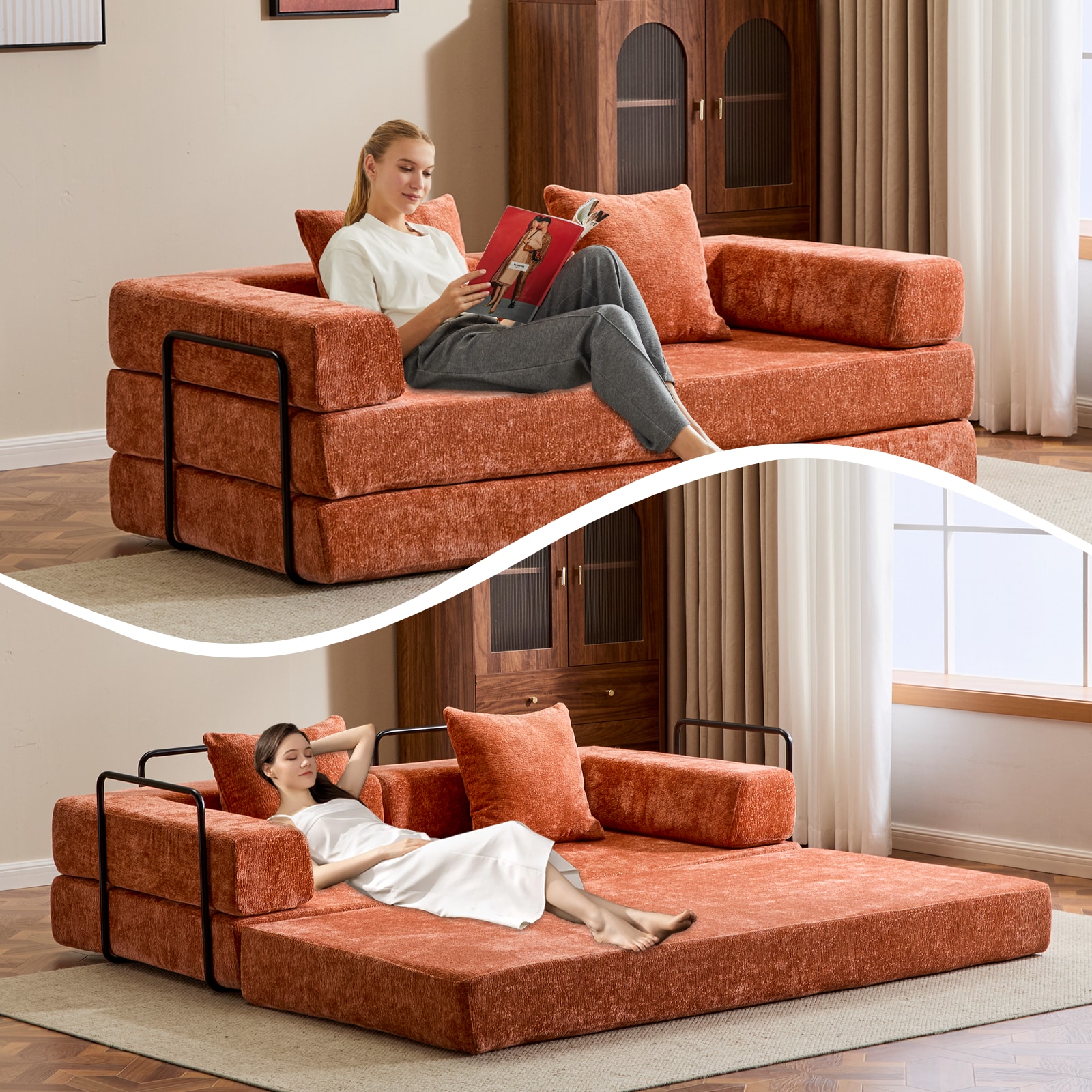 Floor Couch,Compression Sofa,Convertible Floor Sofa Bed-with Pillow Back Support Armrest,Comfy Futon Couch Lounge Sleeper Bed (Orange)_voghion.com